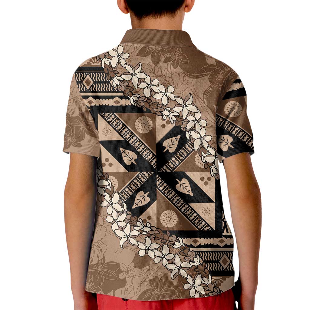 Bula Fiji Plumeria Tagimoucia Salusalu Mocha Kid Polo Shirt Kaiviti Masi - Polynesian Pride