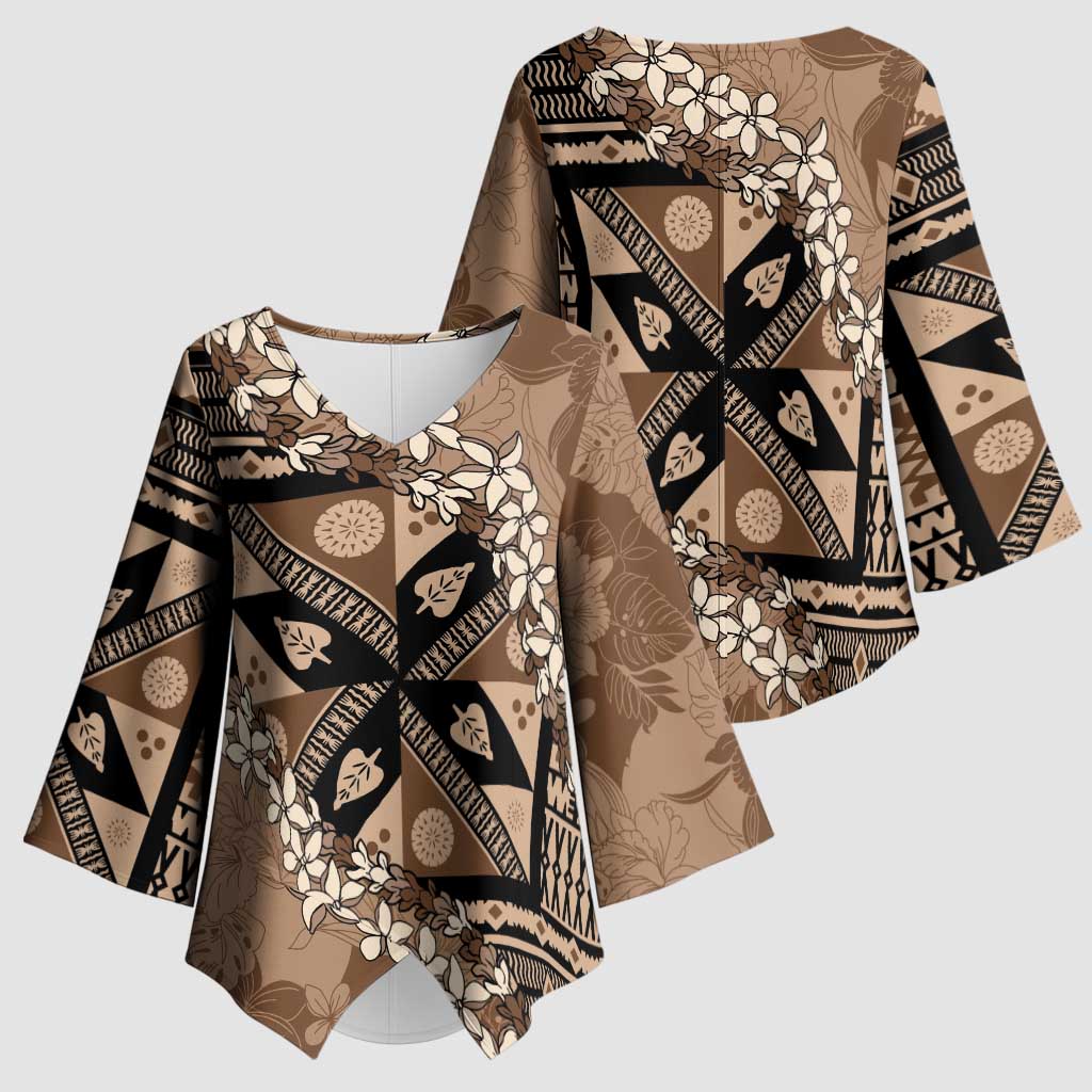 Bula Fiji Plumeria Tagimoucia Salusalu Mocha Kimono Sleeve Blouse Kaiviti Masi - Polynesian Pride