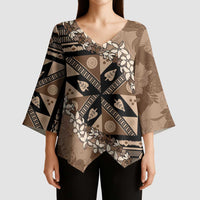 Bula Fiji Plumeria Tagimoucia Salusalu Mocha Kimono Sleeve Blouse Kaiviti Masi - Polynesian Pride