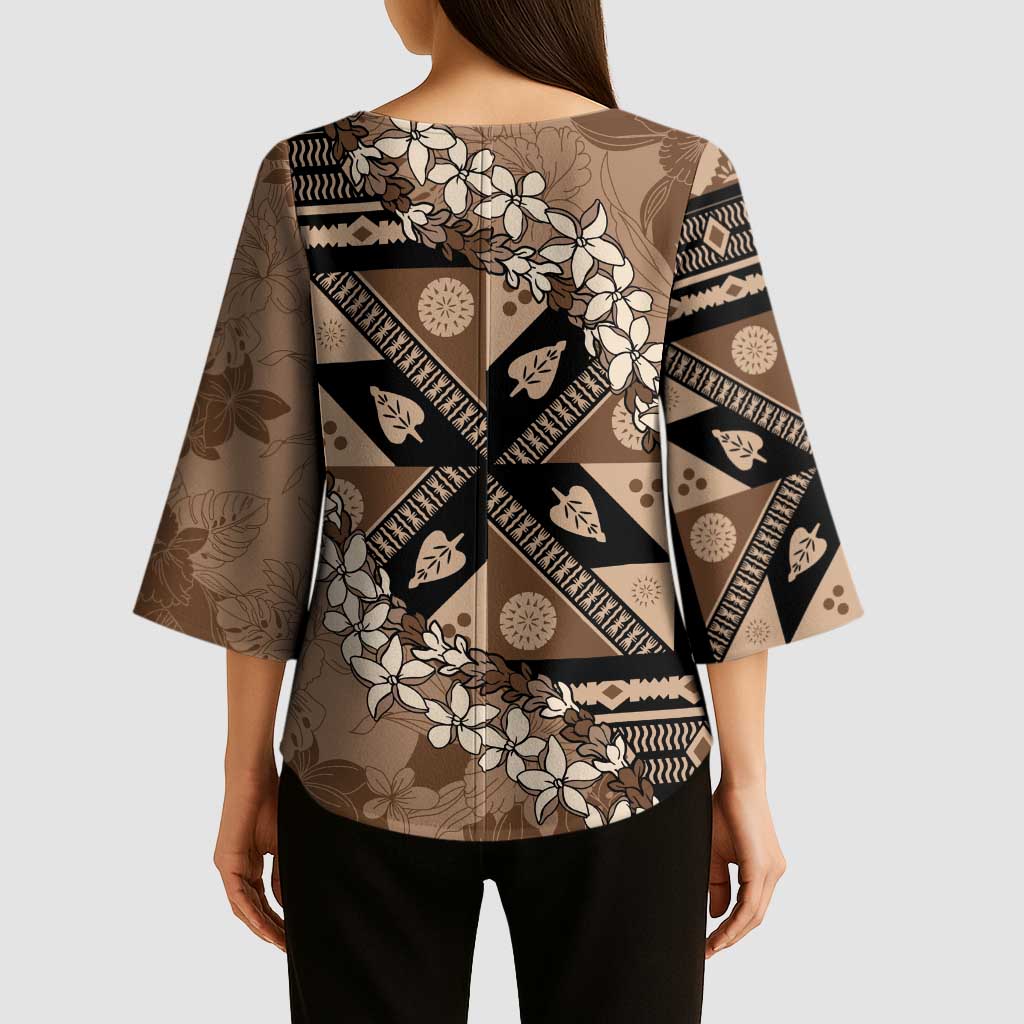 Bula Fiji Plumeria Tagimoucia Salusalu Mocha Kimono Sleeve Blouse Kaiviti Masi - Polynesian Pride