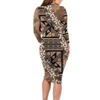 Bula Fiji Plumeria Tagimoucia Salusalu Mocha Long Sleeve Bodycon Dress Kaiviti Masi - Polynesian Pride