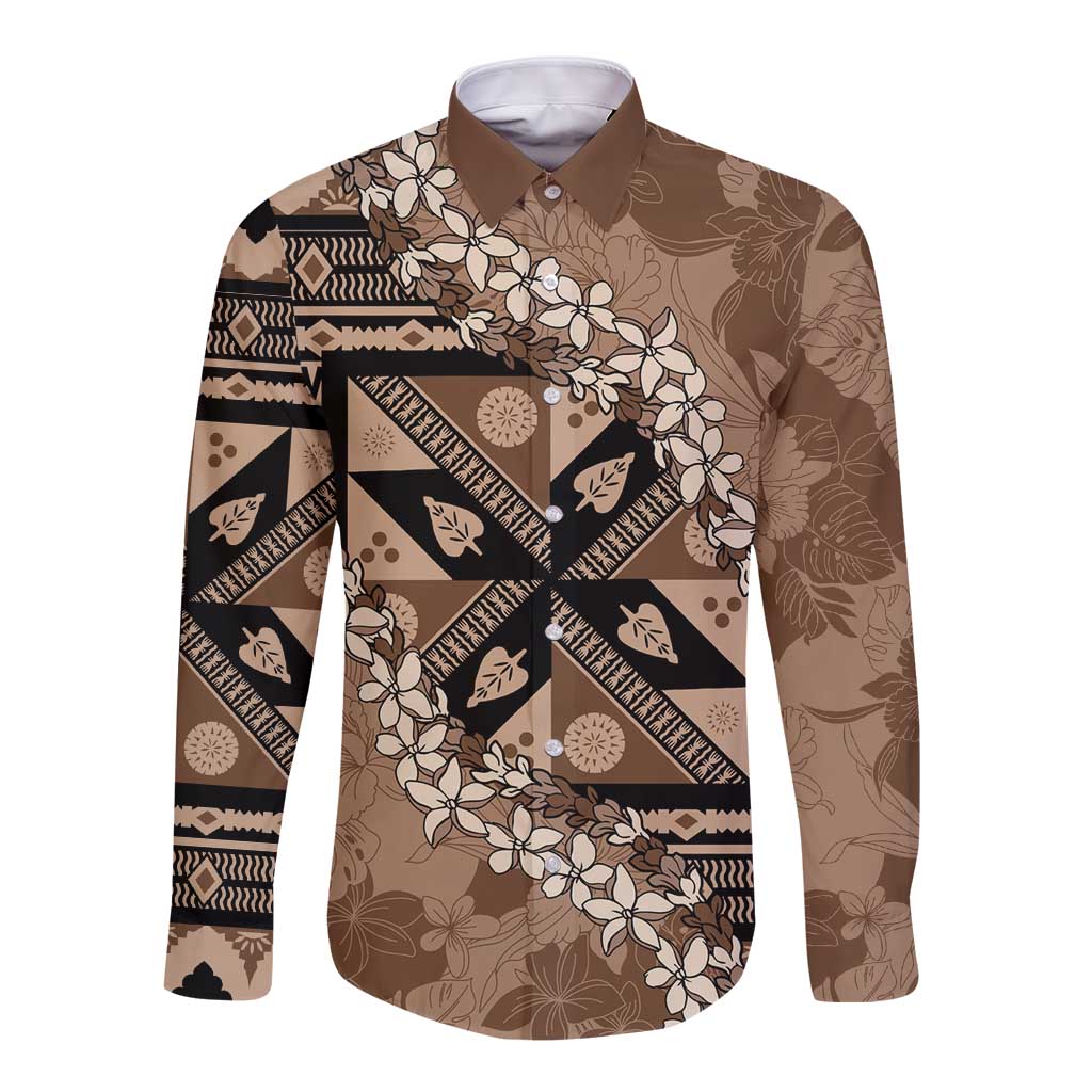 Bula Fiji Plumeria Tagimoucia Salusalu Mocha Long Sleeve Button Shirt Kaiviti Masi LT7 Unisex Mocha - Polynesian Pride