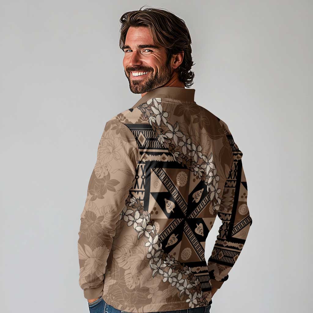 Bula Fiji Plumeria Tagimoucia Salusalu Mocha Long Sleeve Polo Shirt Kaiviti Masi - Polynesian Pride