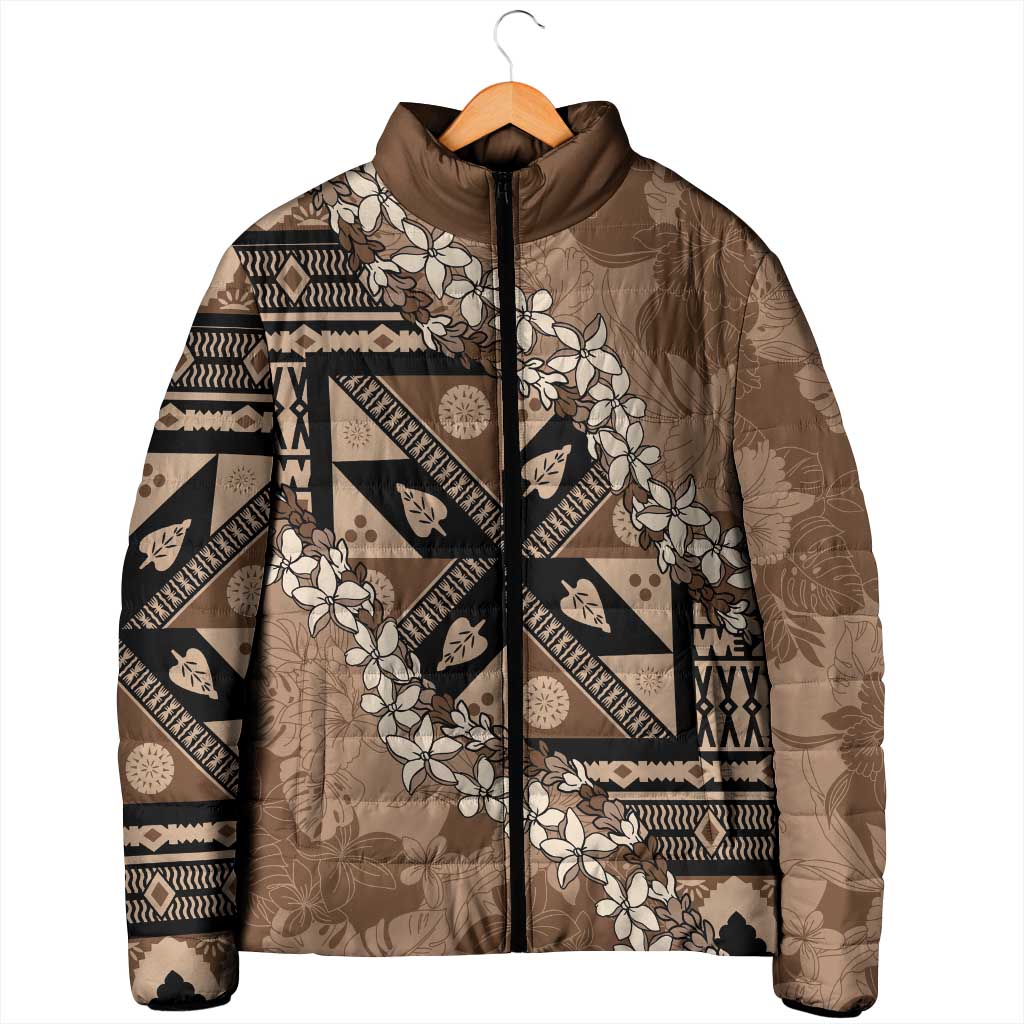Bula Fiji Plumeria Tagimoucia Salusalu Mocha Padded Jacket Kaiviti Masi - Polynesian Pride