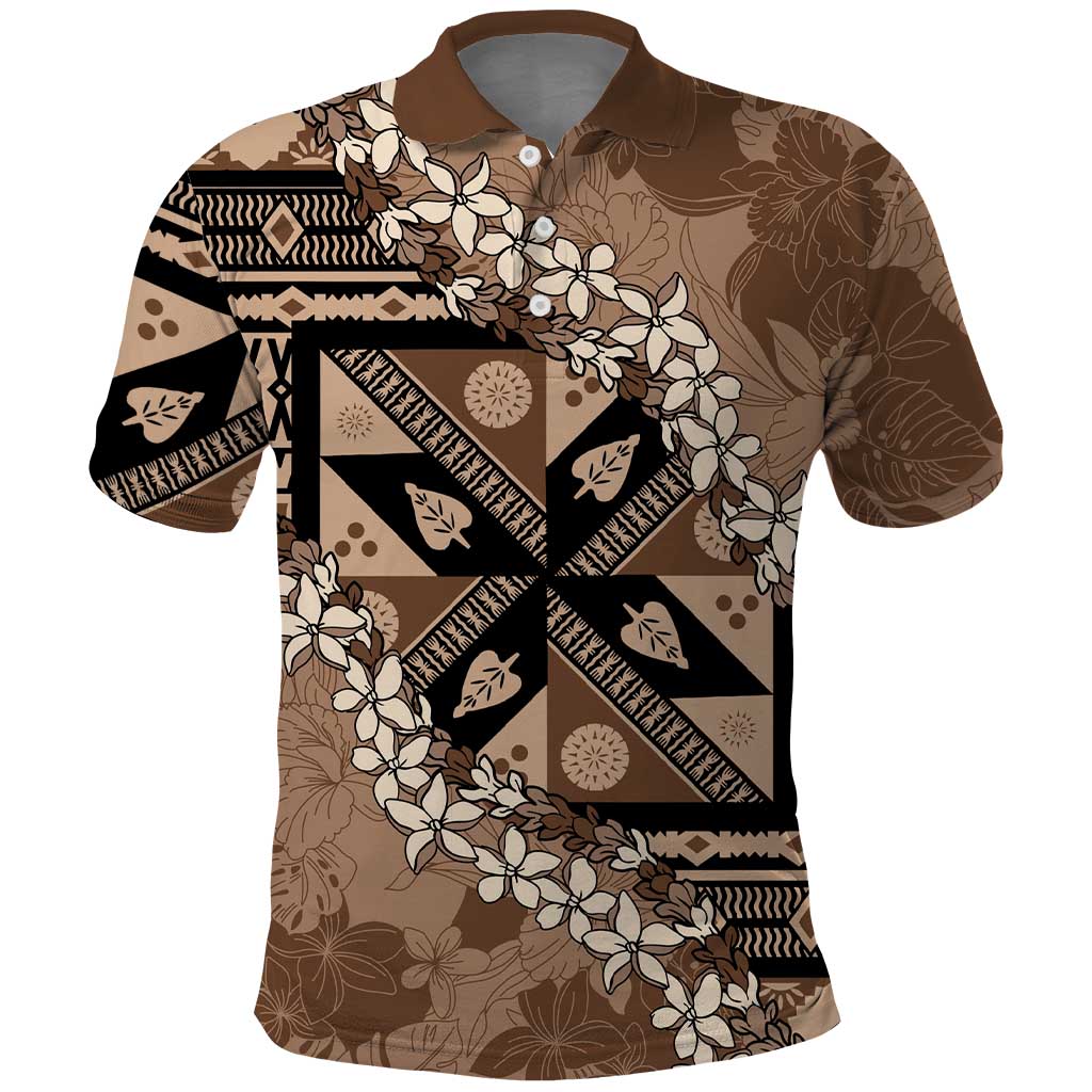 Bula Fiji Plumeria Tagimoucia Salusalu Mocha Polo Shirt Kaiviti Masi - Polynesian Pride