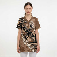 Bula Fiji Plumeria Tagimoucia Salusalu Mocha Scrub Top Kaiviti Masi - Polynesian Pride