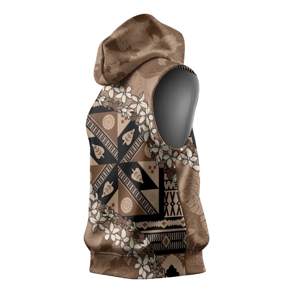 Bula Fiji Plumeria Tagimoucia Salusalu Mocha Sleeveless Hoodie Kaiviti Masi - Polynesian Pride