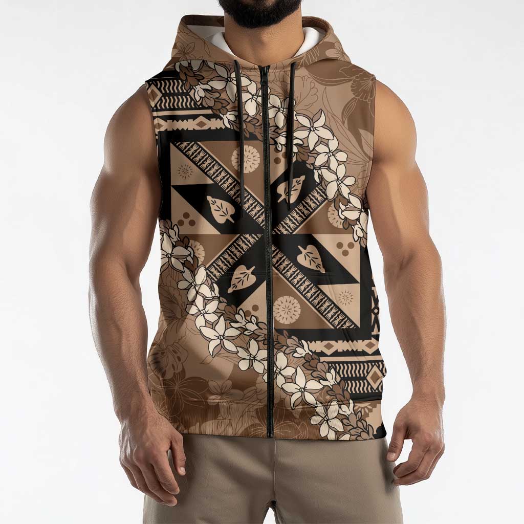 Bula Fiji Plumeria Tagimoucia Salusalu Mocha Sleeveless Zip Hoodie Kaiviti Masi - Polynesian Pride
