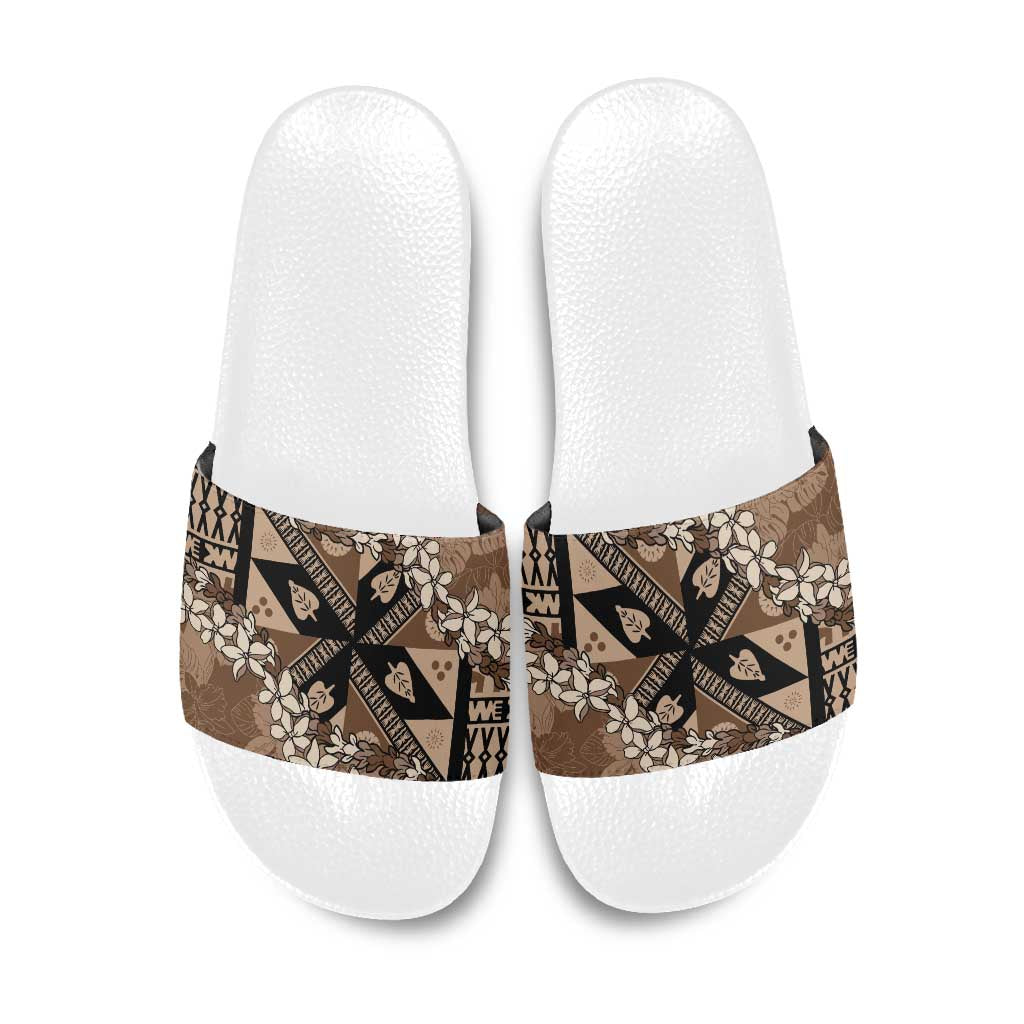 Bula Fiji Plumeria Tagimoucia Salusalu Mocha Slide Sandals Kaiviti Masi LT7 Mocha - Polynesian Pride