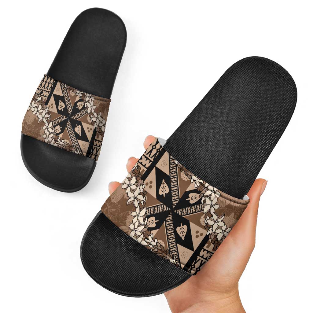 Bula Fiji Plumeria Tagimoucia Salusalu Mocha Slide Sandals Kaiviti Masi LT7 - Polynesian Pride