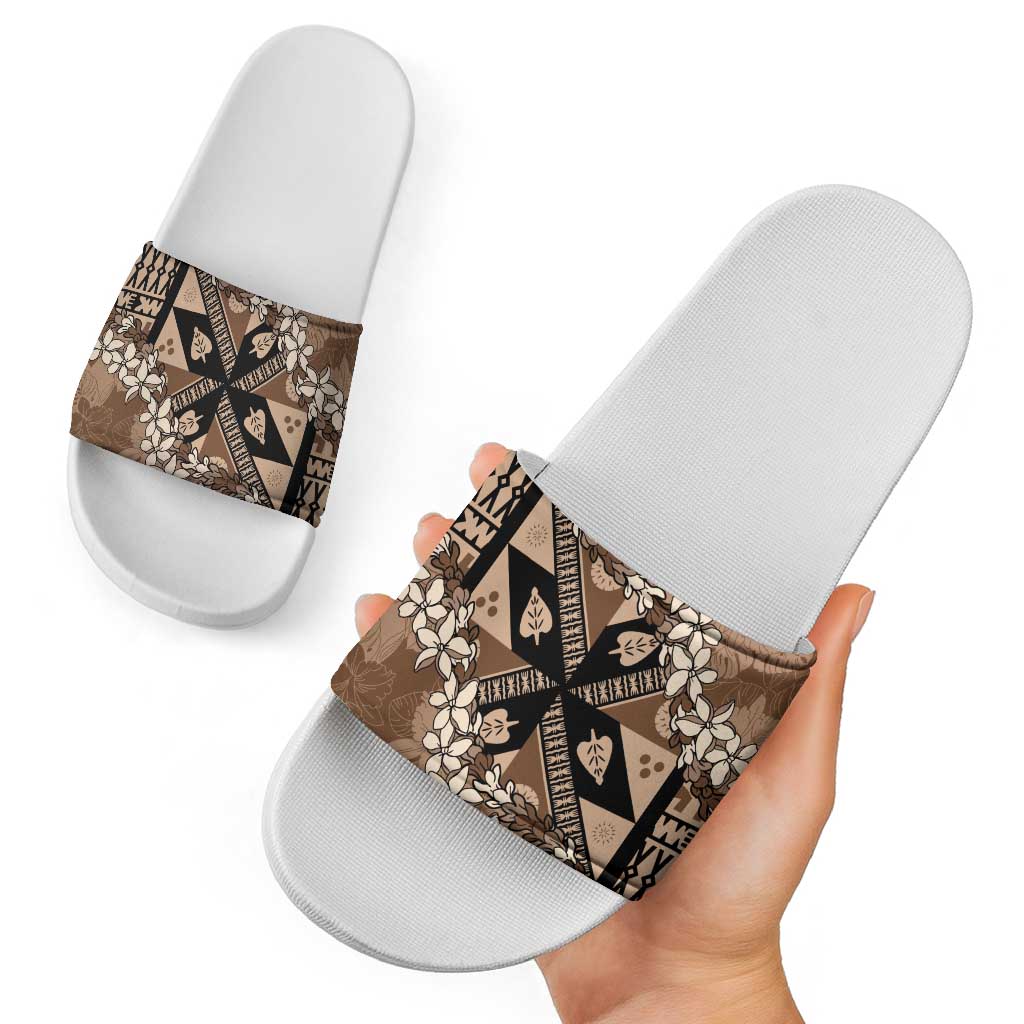 Bula Fiji Plumeria Tagimoucia Salusalu Mocha Slide Sandals Kaiviti Masi LT7 - Polynesian Pride