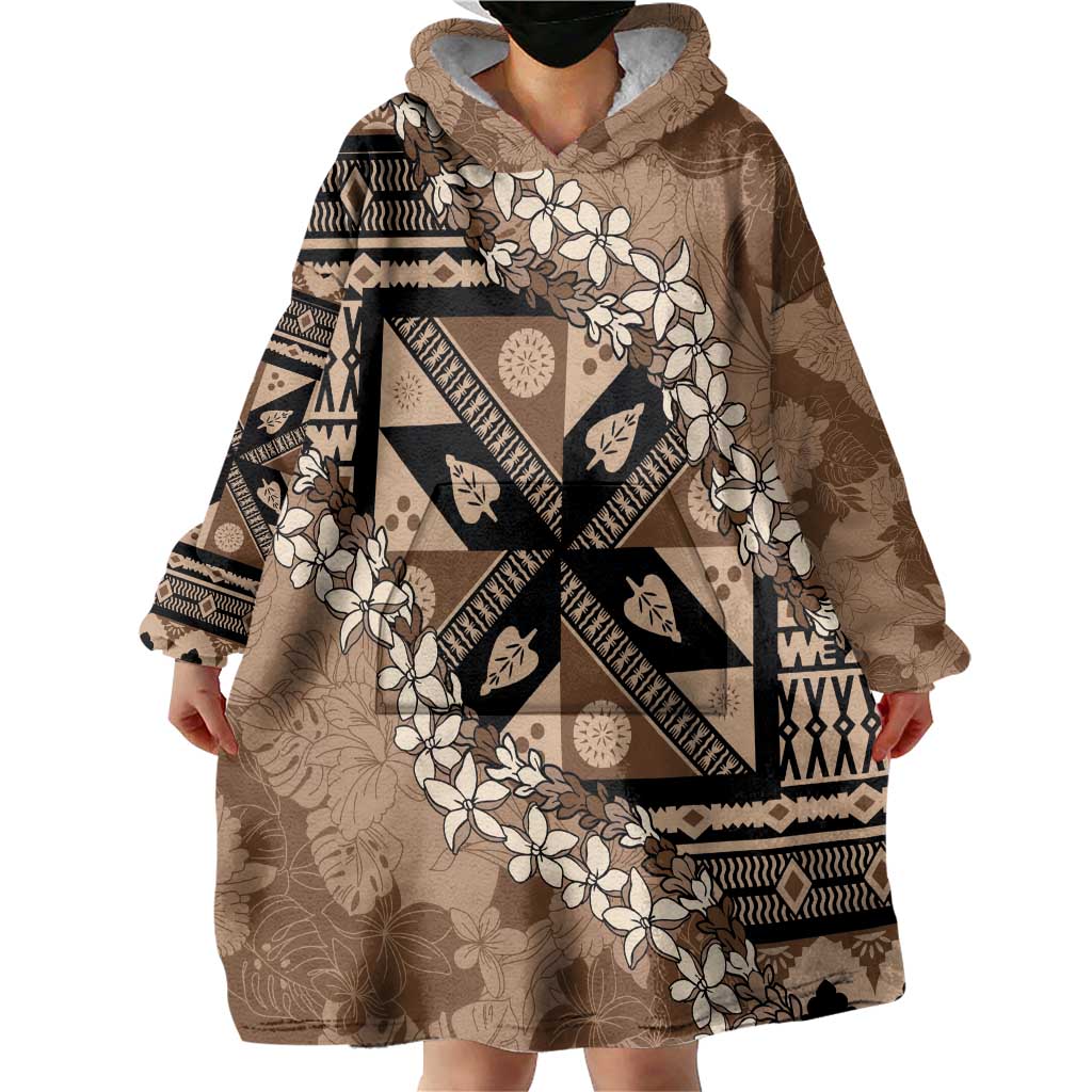 Bula Fiji Plumeria Tagimoucia Salusalu Mocha Wearable Blanket Hoodie Kaiviti Masi - Polynesian Pride