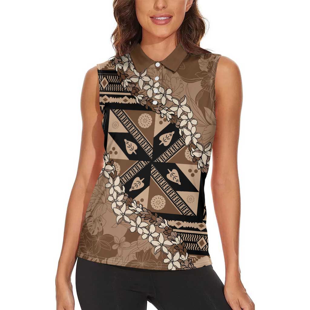 Bula Fiji Plumeria Tagimoucia Salusalu Mocha Women Sleeveless Polo Shirt Kaiviti Masi - Polynesian Pride