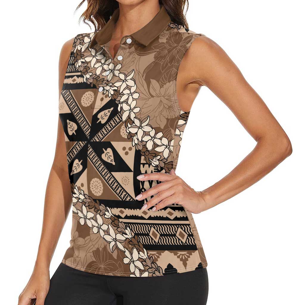Bula Fiji Plumeria Tagimoucia Salusalu Mocha Women Sleeveless Polo Shirt Kaiviti Masi - Polynesian Pride