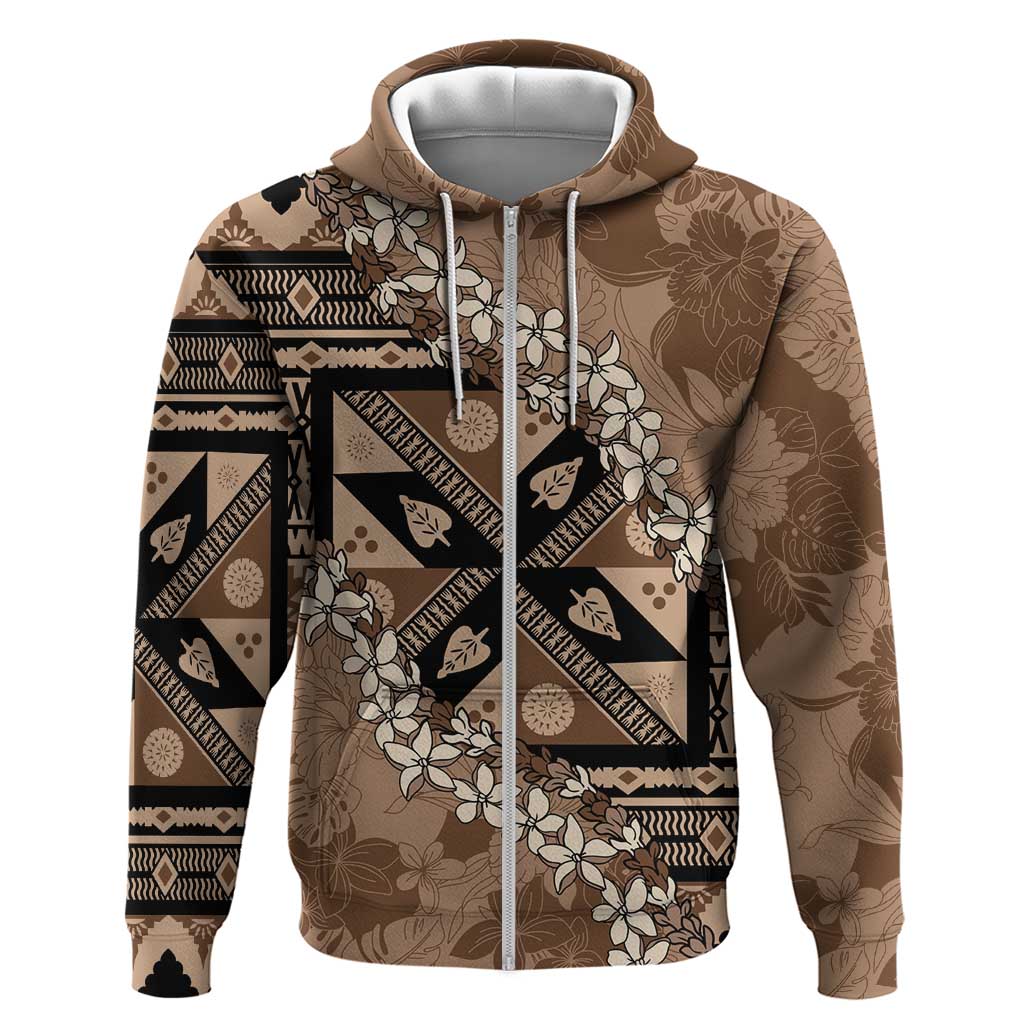 Bula Fiji Plumeria Tagimoucia Salusalu Mocha Zip Hoodie Kaiviti Masi - Polynesian Pride