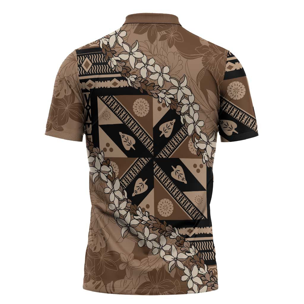 Bula Fiji Plumeria Tagimoucia Salusalu Mocha Zipper Polo Shirt Kaiviti Masi - Polynesian Pride