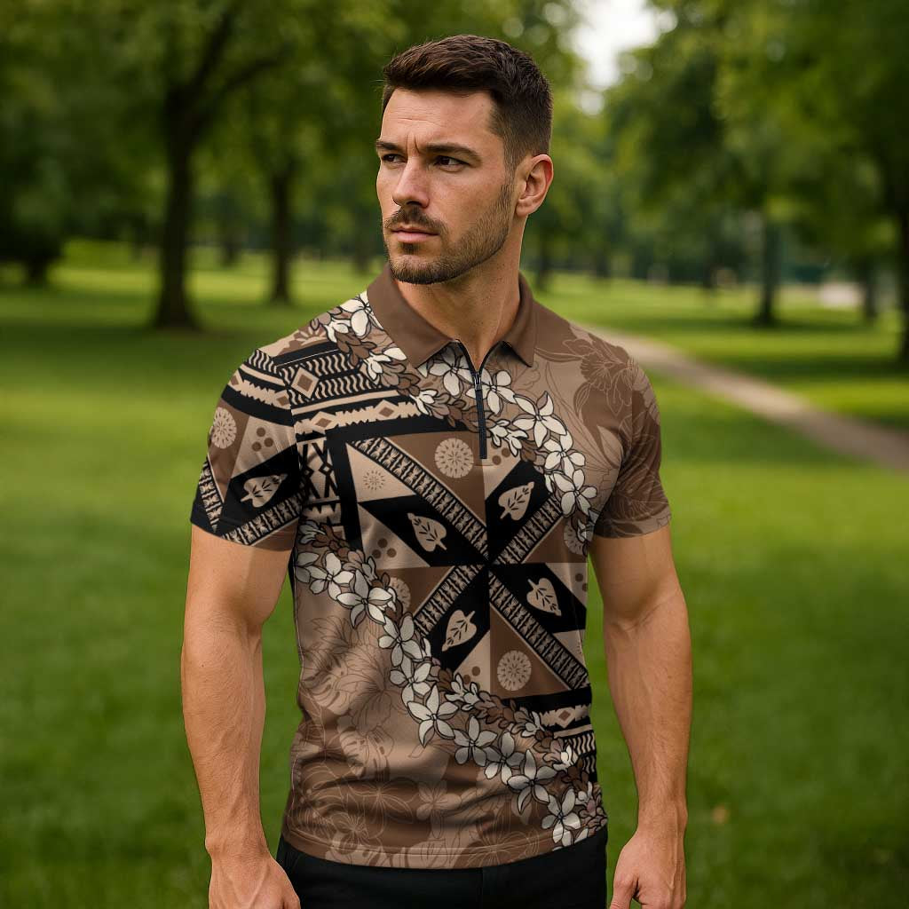 Bula Fiji Plumeria Tagimoucia Salusalu Mocha Zipper Polo Shirt Kaiviti Masi - Polynesian Pride