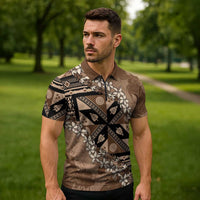 Bula Fiji Plumeria Tagimoucia Salusalu Mocha Zipper Polo Shirt Kaiviti Masi - Polynesian Pride