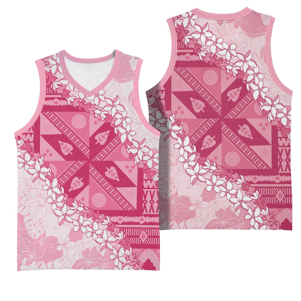 Bula Fiji Plumeria Tagimoucia Salusalu Pink Basketball Jersey Kaiviti Masi - Polynesian Pride