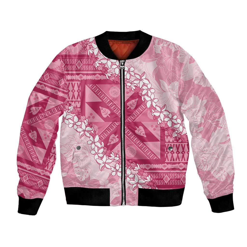 Bula Fiji Plumeria Tagimoucia Salusalu Pink Bomber Jacket Kaiviti Masi LT7 Unisex Pink - Polynesian Pride