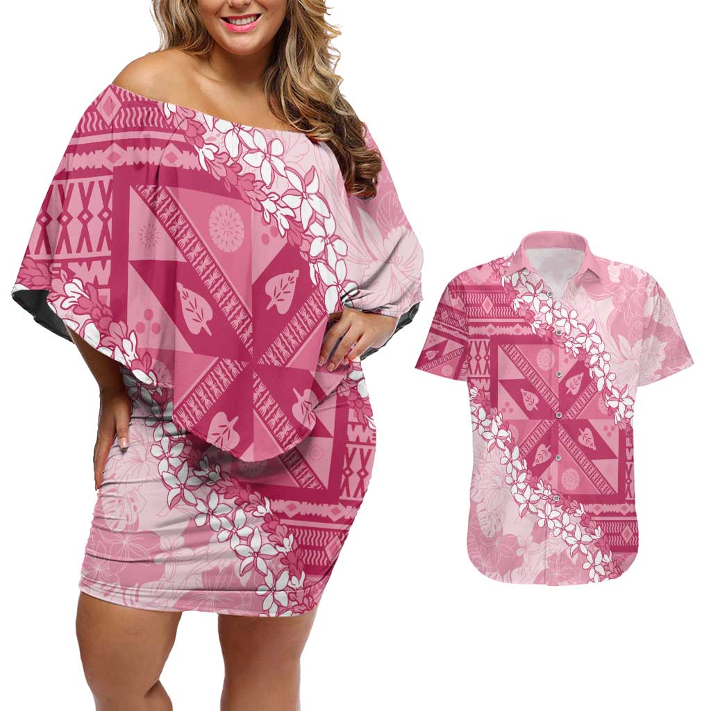 Bula Fiji Plumeria Tagimoucia Salusalu Pink Couples Matching Off Shoulder Short Dress and Hawaiian Shirt Kaiviti Masi LT7 Pink - Polynesian Pride