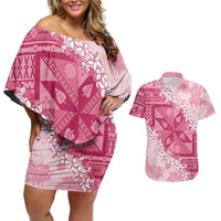 Bula Fiji Plumeria Tagimoucia Salusalu Pink Couples Matching Off Shoulder Short Dress and Hawaiian Shirt Kaiviti Masi LT7 Pink - Polynesian Pride