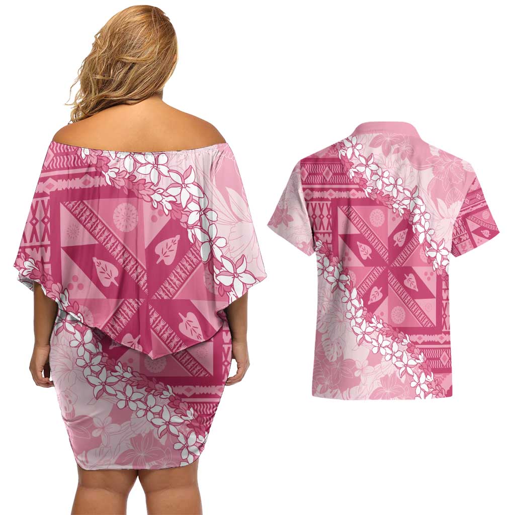 Bula Fiji Plumeria Tagimoucia Salusalu Pink Couples Matching Off Shoulder Short Dress and Hawaiian Shirt Kaiviti Masi LT7 - Polynesian Pride