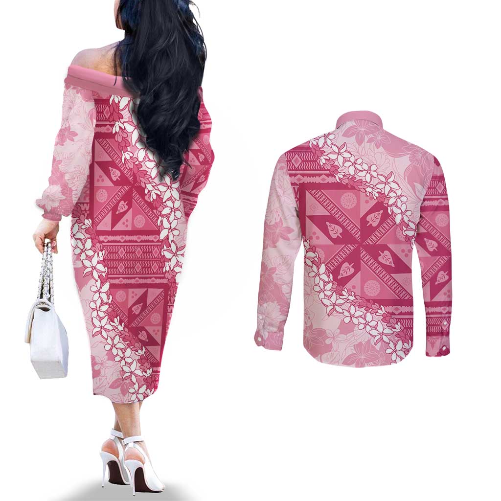 Bula Fiji Plumeria Tagimoucia Salusalu Pink Couples Matching Off The Shoulder Long Sleeve Dress and Long Sleeve Button Shirt Kaiviti Masi LT7 - Polynesian Pride