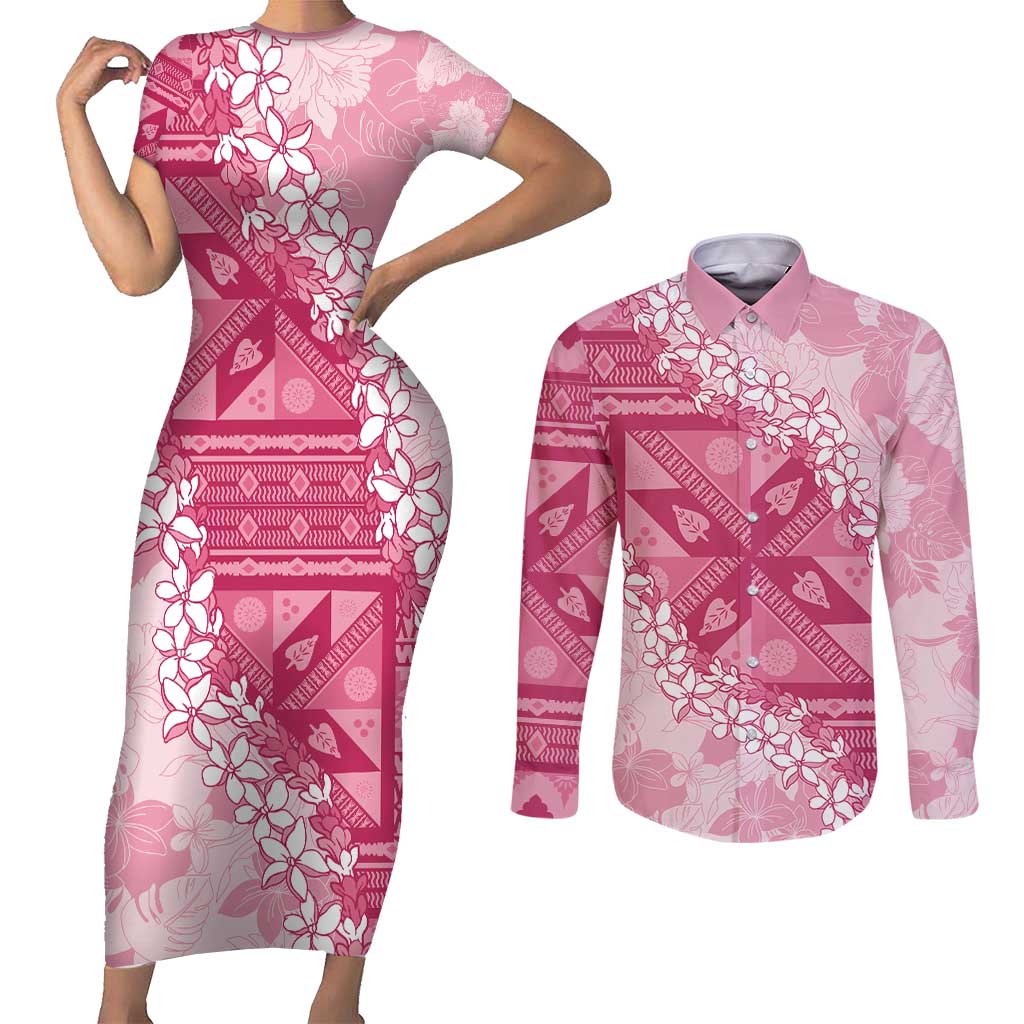 Bula Fiji Plumeria Tagimoucia Salusalu Pink Couples Matching Short Sleeve Bodycon Dress and Long Sleeve Button Shirt Kaiviti Masi LT7 Pink - Polynesian Pride
