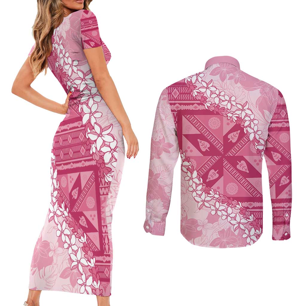 Bula Fiji Plumeria Tagimoucia Salusalu Pink Couples Matching Short Sleeve Bodycon Dress and Long Sleeve Button Shirt Kaiviti Masi LT7 - Polynesian Pride