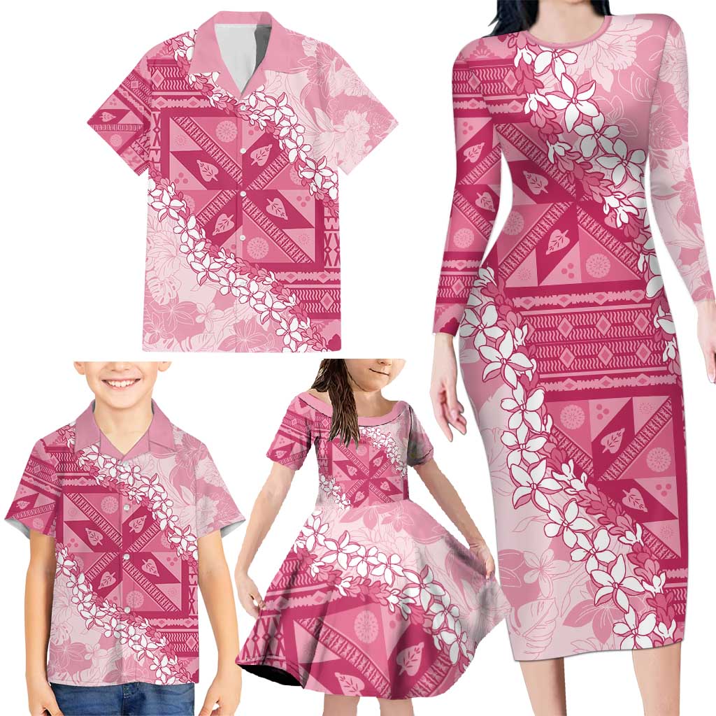 Bula Fiji Plumeria Tagimoucia Salusalu Pink Family Matching Long Sleeve Bodycon Dress and Hawaiian Shirt Kaiviti Masi LT7 - Polynesian Pride