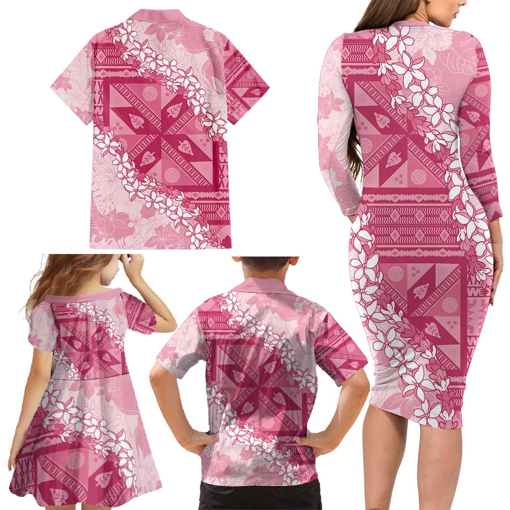 Bula Fiji Plumeria Tagimoucia Salusalu Pink Family Matching Long Sleeve Bodycon Dress and Hawaiian Shirt Kaiviti Masi LT7 - Polynesian Pride