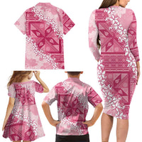 Bula Fiji Plumeria Tagimoucia Salusalu Pink Family Matching Long Sleeve Bodycon Dress and Hawaiian Shirt Kaiviti Masi LT7 - Polynesian Pride