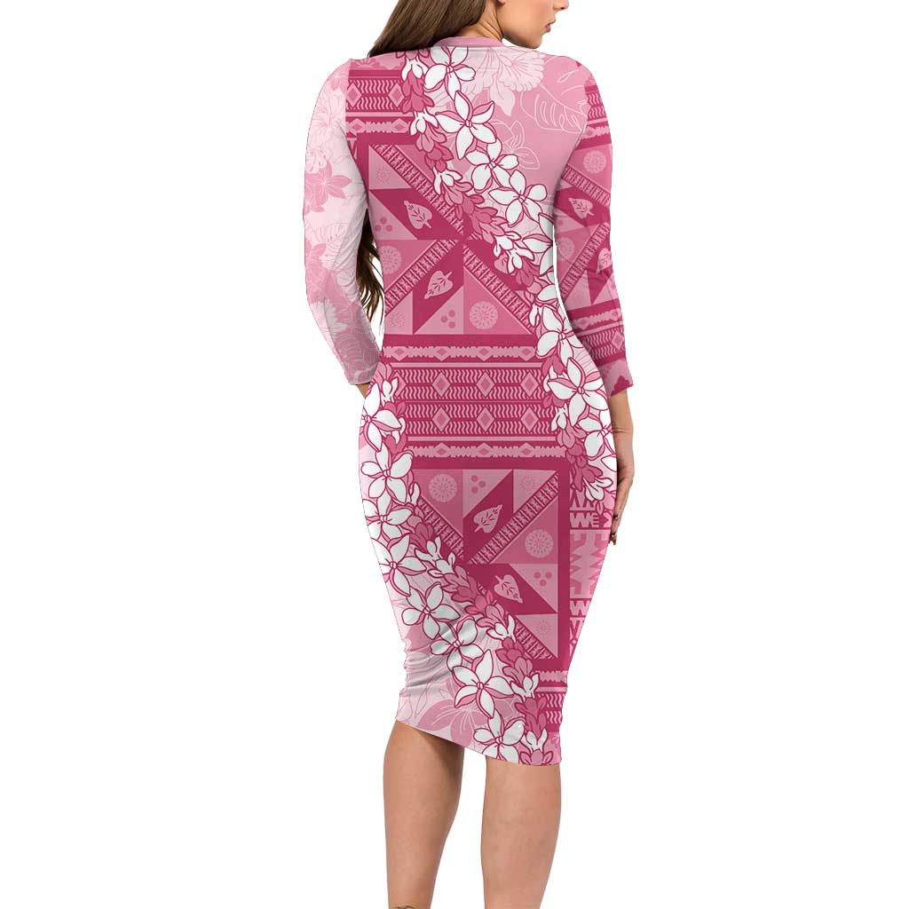 Bula Fiji Plumeria Tagimoucia Salusalu Pink Family Matching Long Sleeve Bodycon Dress and Hawaiian Shirt Kaiviti Masi LT7 - Polynesian Pride