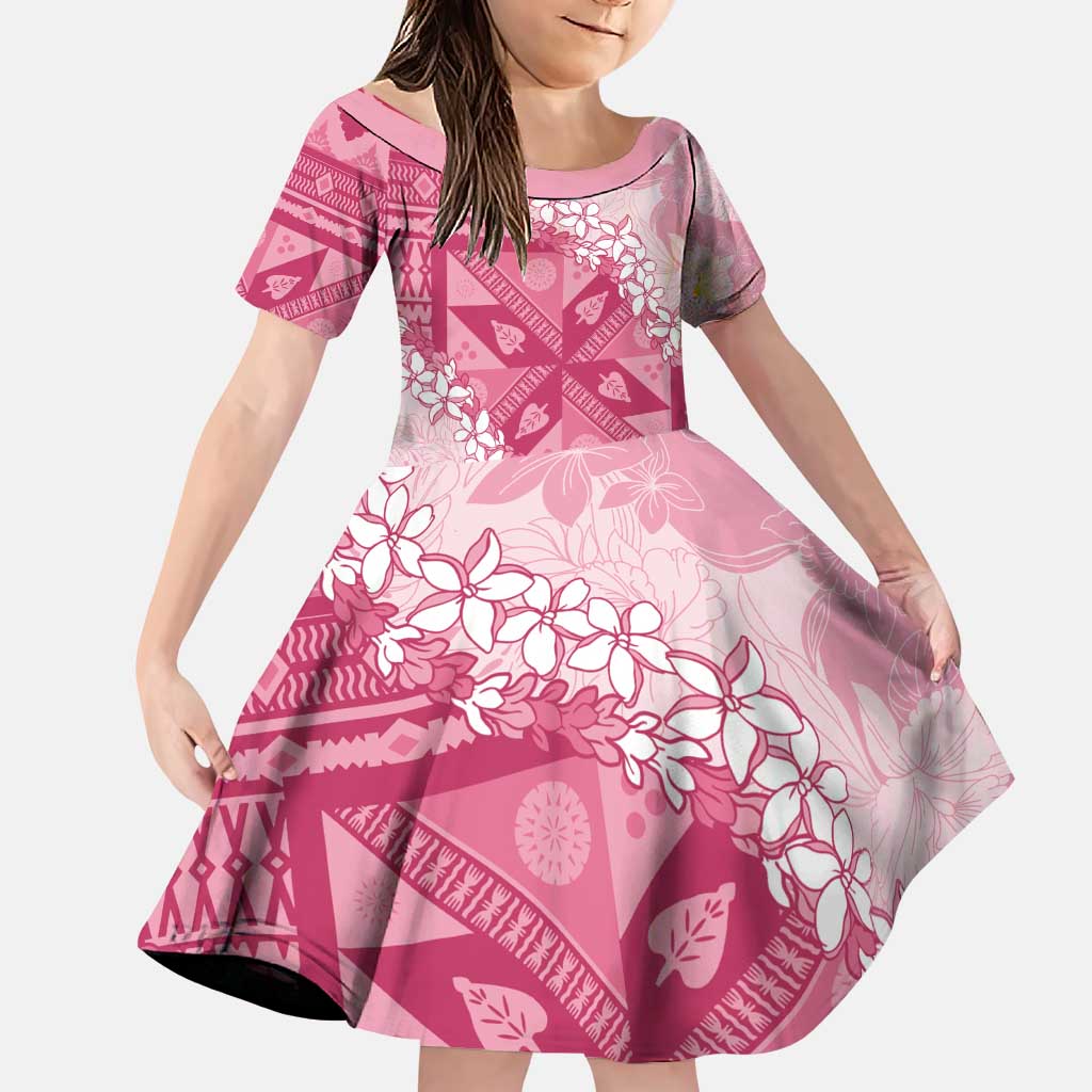 Bula Fiji Plumeria Tagimoucia Salusalu Pink Family Matching Puletasi and Hawaiian Shirt Kaiviti Masi LT7 Daughter's Dress Pink - Polynesian Pride