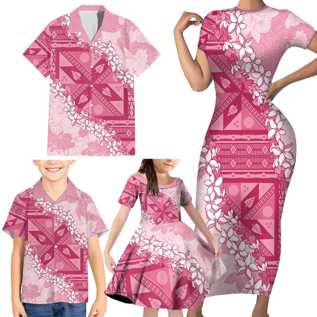 Bula Fiji Plumeria Tagimoucia Salusalu Pink Family Matching Short Sleeve Bodycon Dress and Hawaiian Shirt Kaiviti Masi LT7 - Polynesian Pride