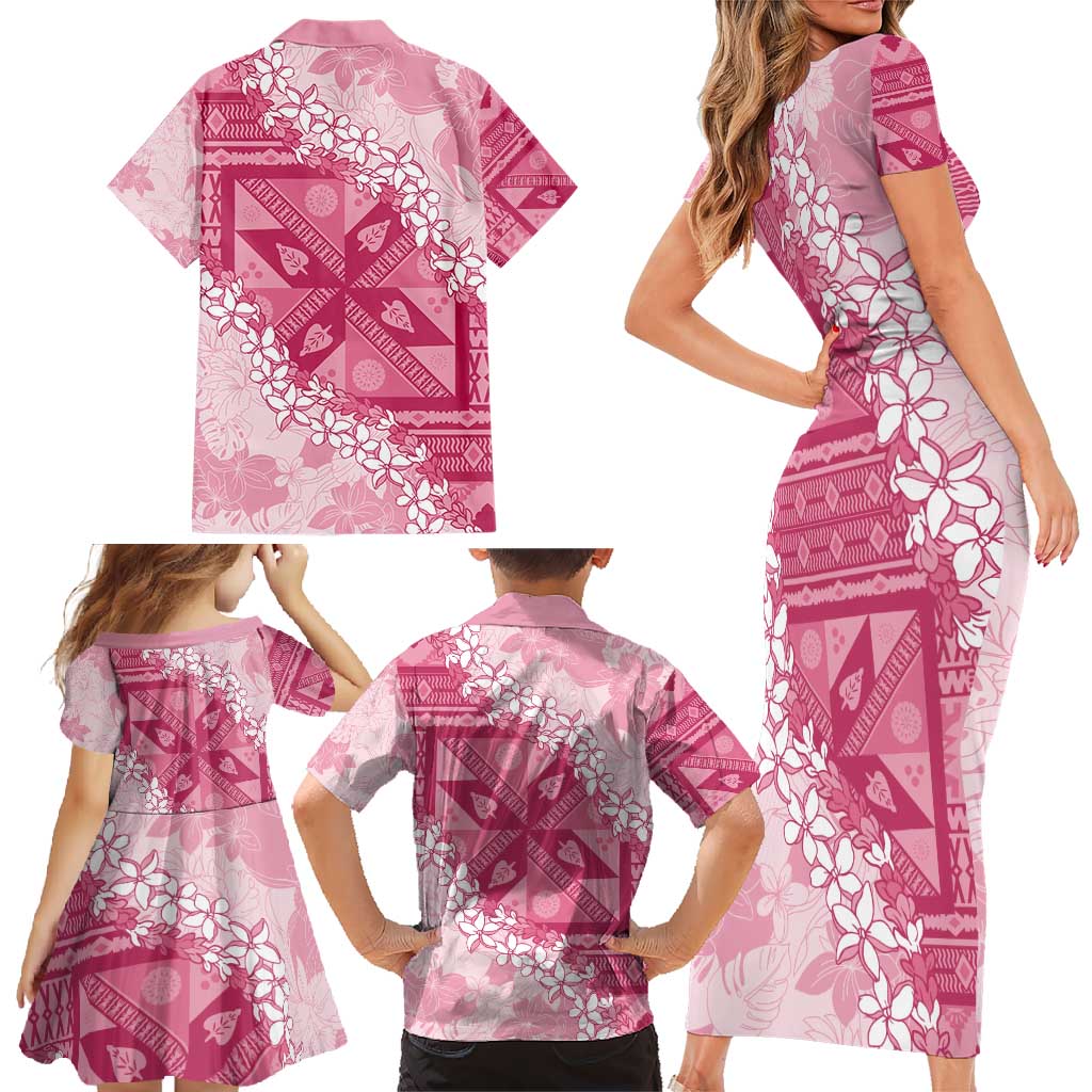 Bula Fiji Plumeria Tagimoucia Salusalu Pink Family Matching Short Sleeve Bodycon Dress and Hawaiian Shirt Kaiviti Masi LT7 - Polynesian Pride