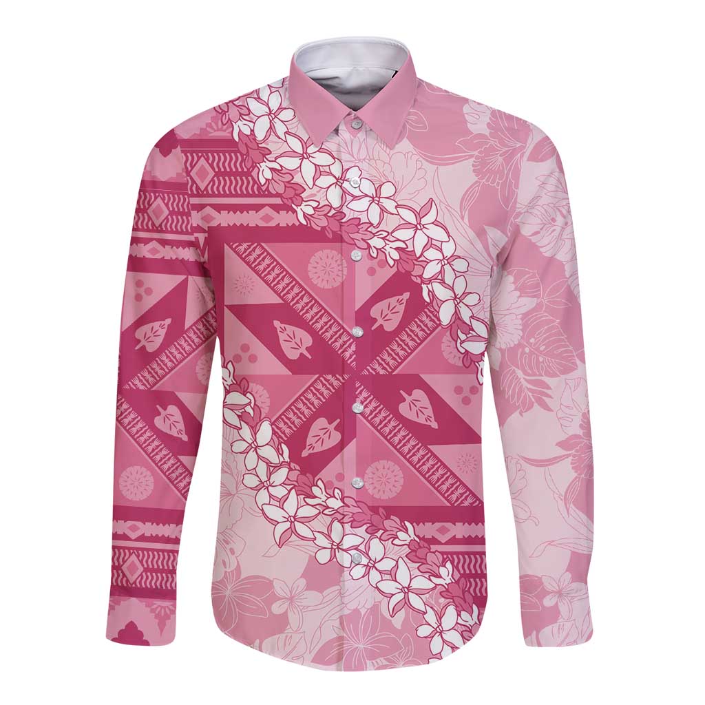 Bula Fiji Plumeria Tagimoucia Salusalu Pink Long Sleeve Button Shirt Kaiviti Masi LT7 Unisex Pink - Polynesian Pride
