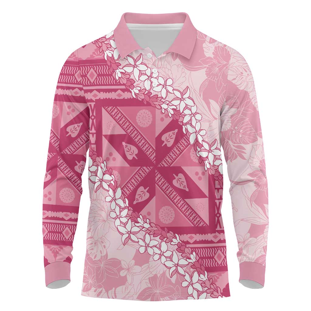 Bula Fiji Plumeria Tagimoucia Salusalu Pink Long Sleeve Polo Shirt Kaiviti Masi - Polynesian Pride