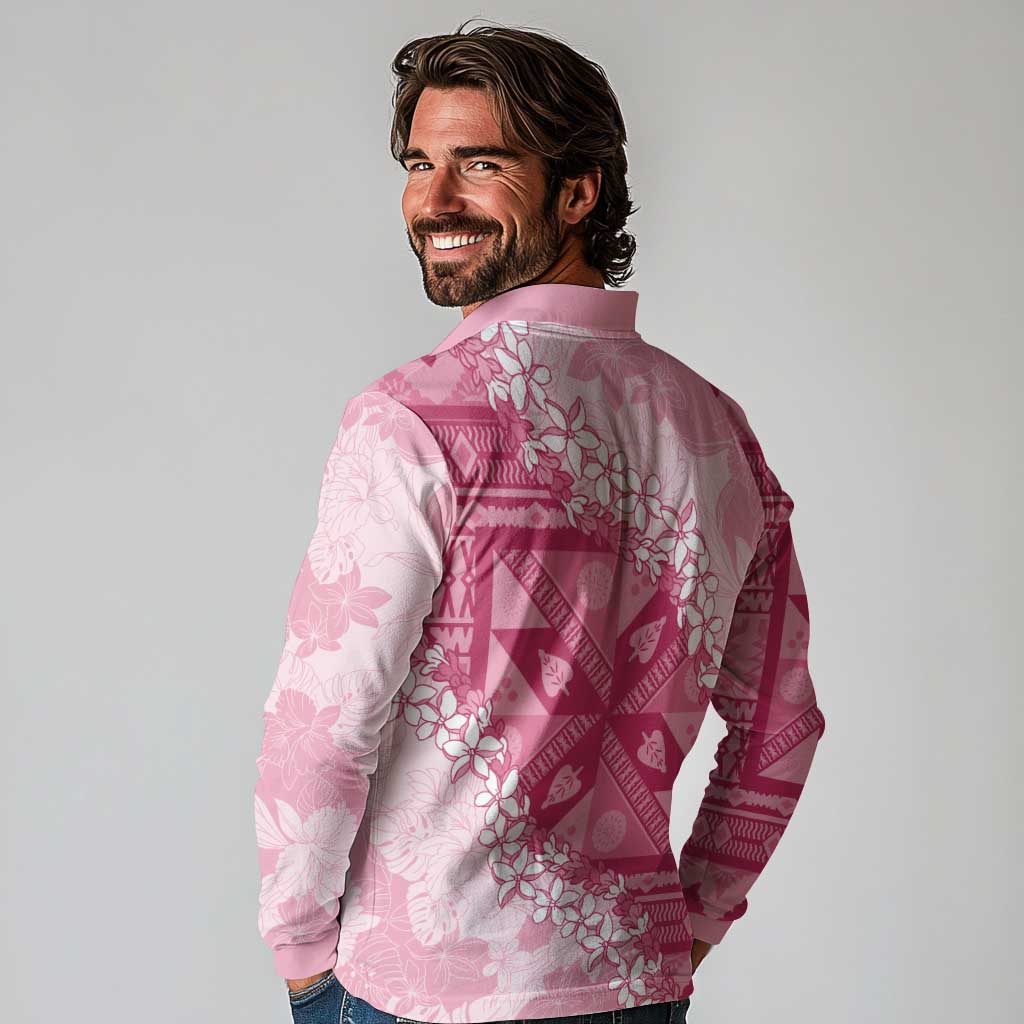 Bula Fiji Plumeria Tagimoucia Salusalu Pink Long Sleeve Polo Shirt Kaiviti Masi - Polynesian Pride