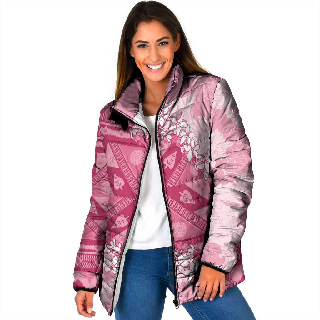 Bula Fiji Plumeria Tagimoucia Salusalu Pink Padded Jacket Kaiviti Masi - Polynesian Pride