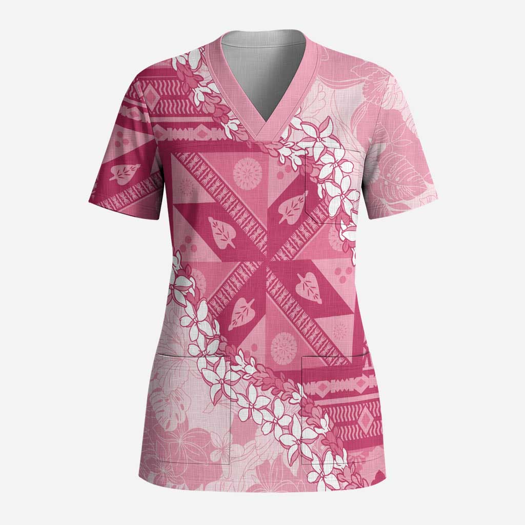 Bula Fiji Plumeria Tagimoucia Salusalu Pink Scrub Top Kaiviti Masi - Polynesian Pride