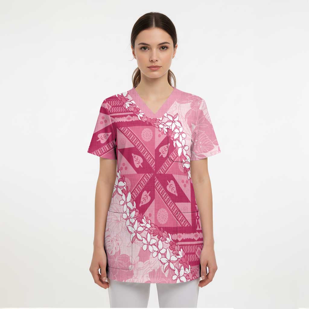 Bula Fiji Plumeria Tagimoucia Salusalu Pink Scrub Top Kaiviti Masi - Polynesian Pride
