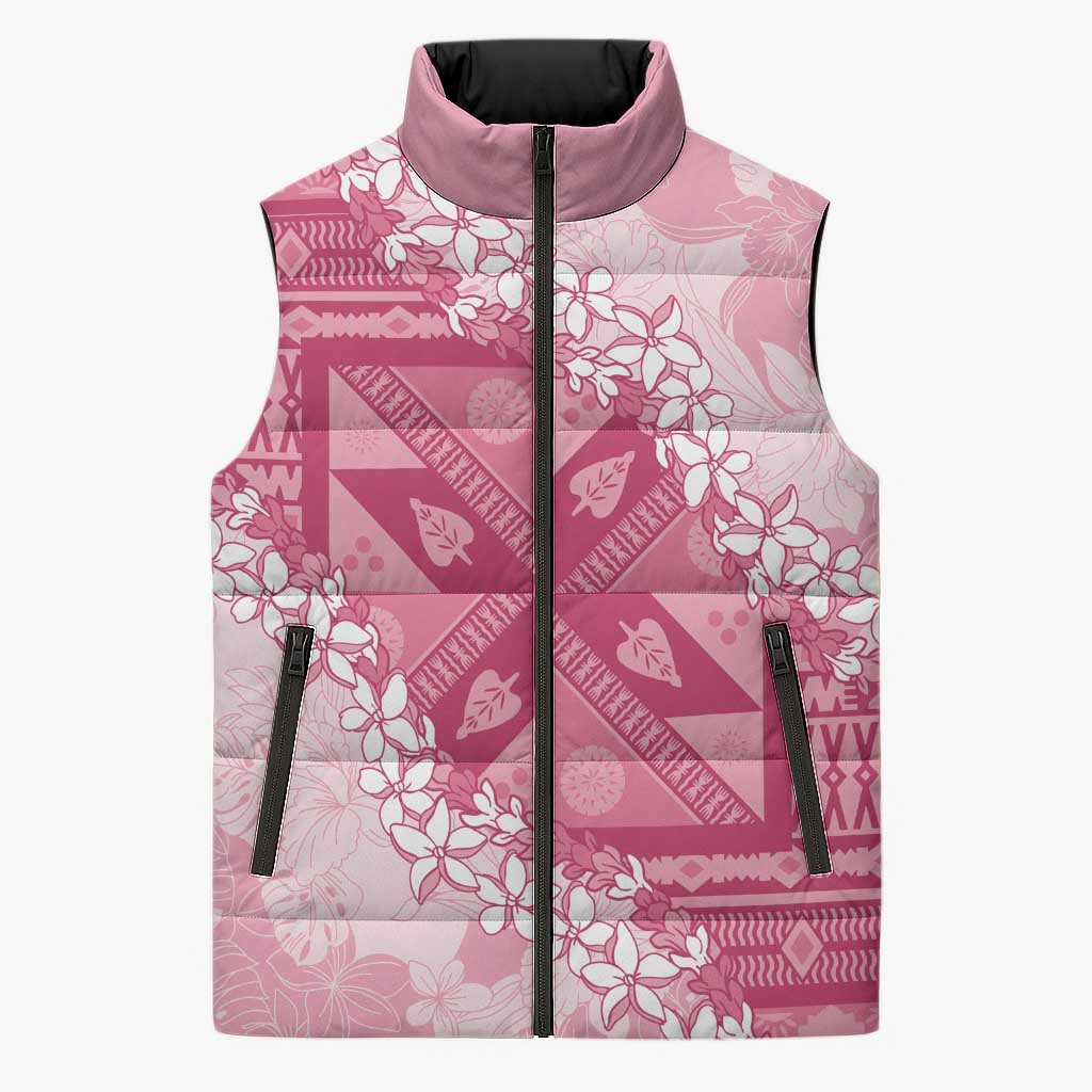 Bula Fiji Plumeria Tagimoucia Salusalu Pink Sleeveless Puffer Jacket Kaiviti Masi - Polynesian Pride