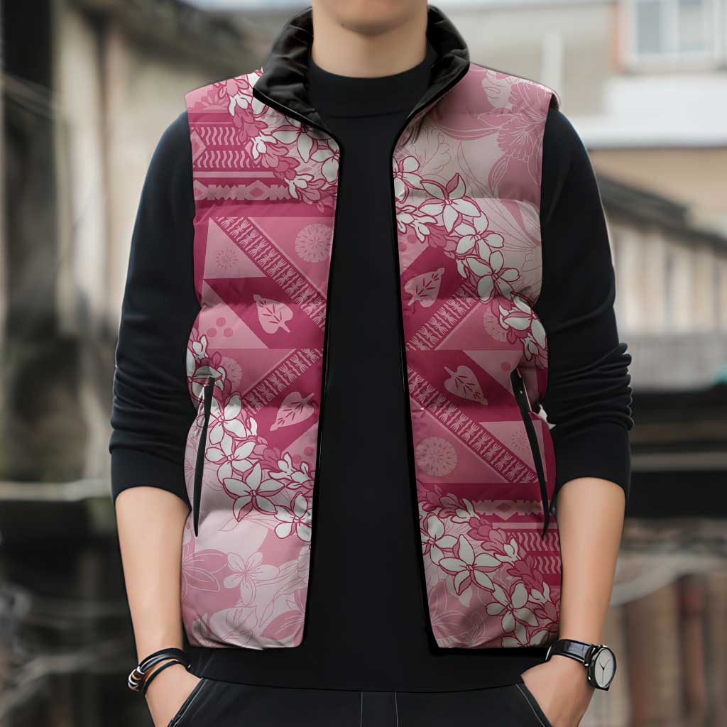 Bula Fiji Plumeria Tagimoucia Salusalu Pink Sleeveless Puffer Jacket Kaiviti Masi - Polynesian Pride