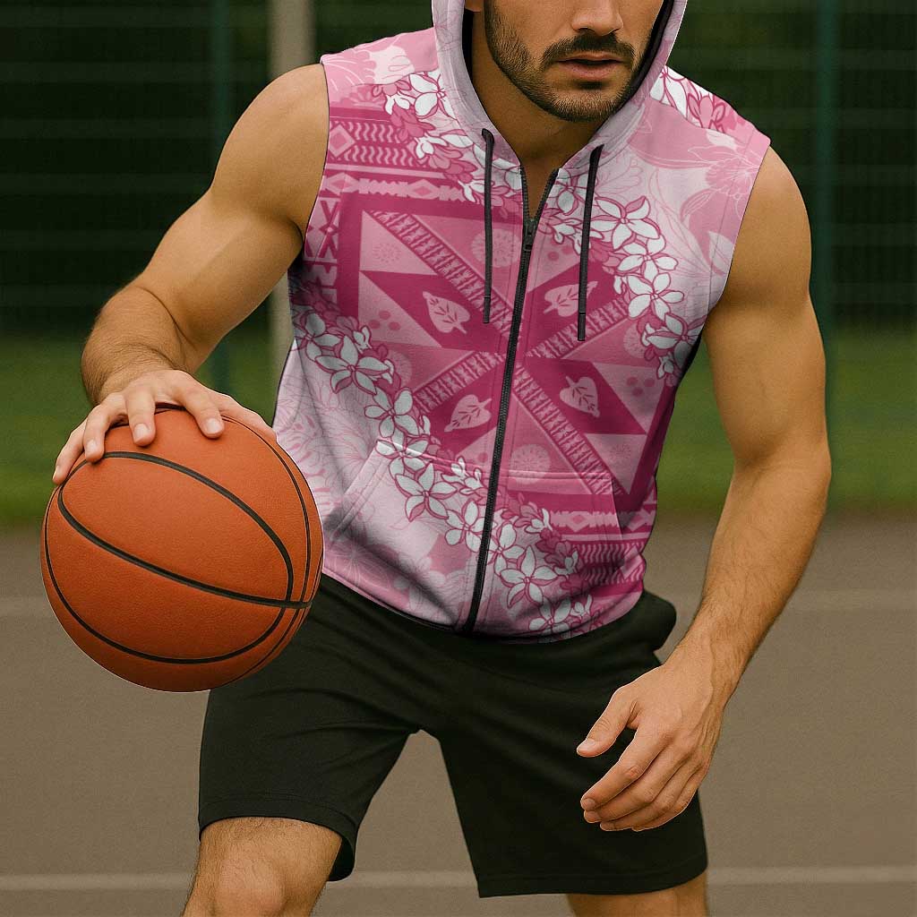 Bula Fiji Plumeria Tagimoucia Salusalu Pink Sleeveless Zip Hoodie Kaiviti Masi - Polynesian Pride