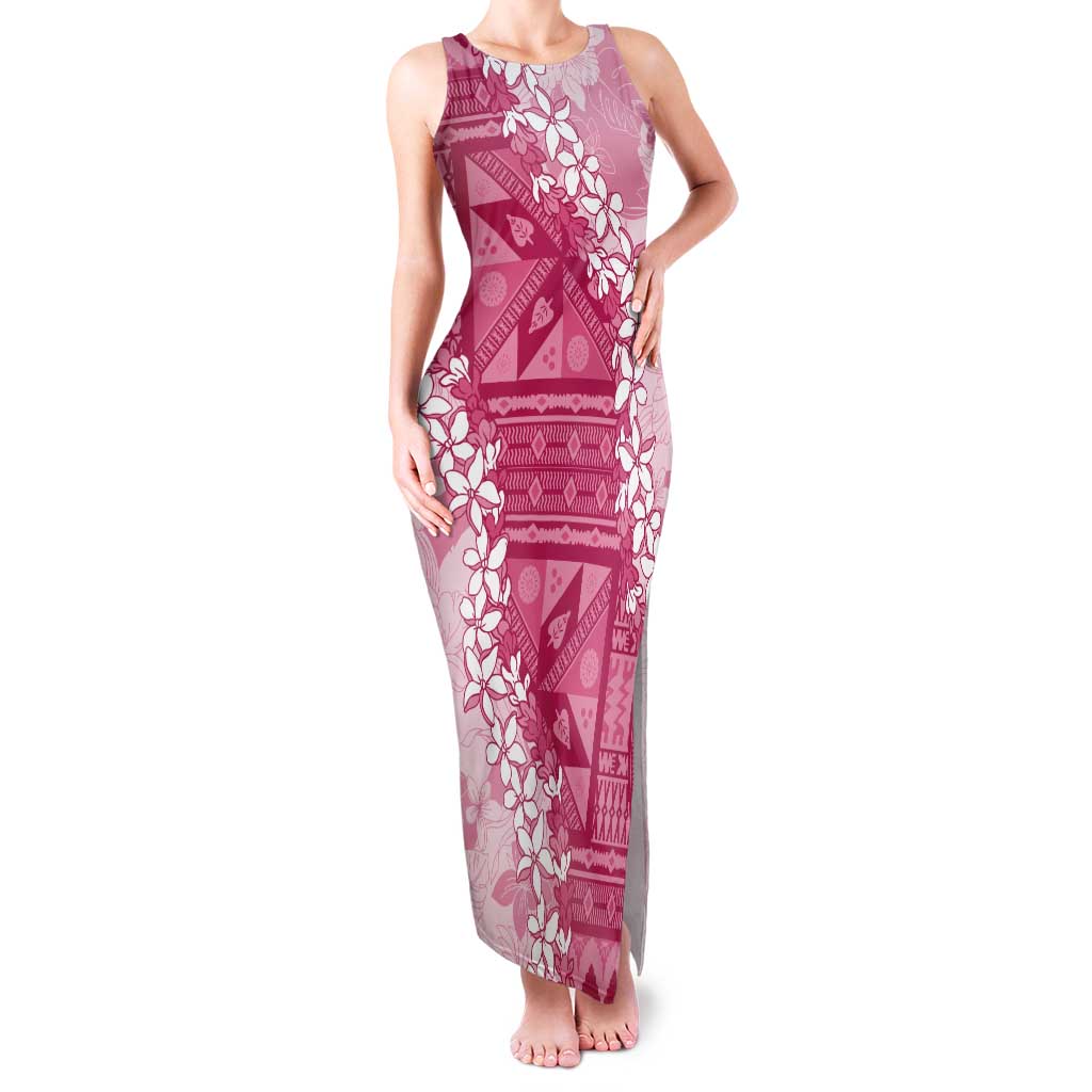 Bula Fiji Plumeria Tagimoucia Salusalu Pink Tank Maxi Dress Kaiviti Masi - Polynesian Pride