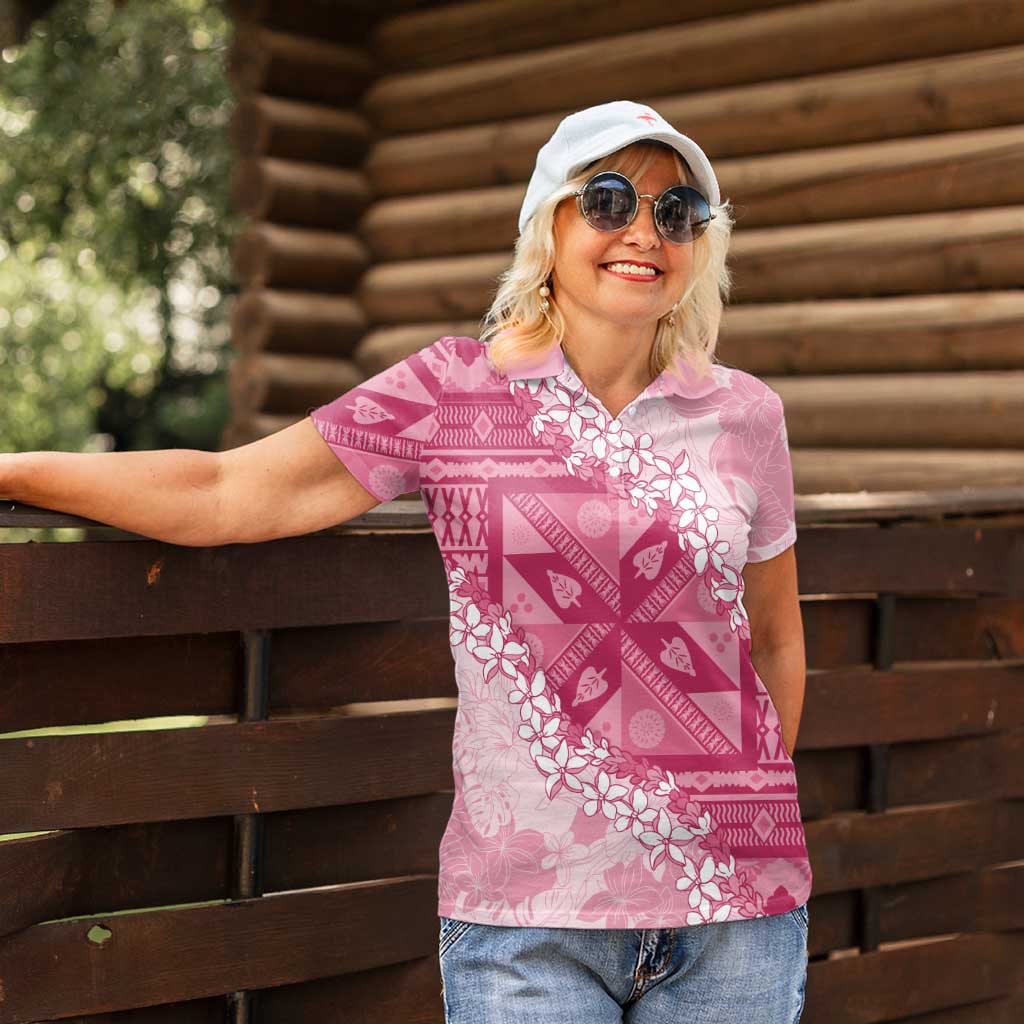 Bula Fiji Plumeria Tagimoucia Salusalu Pink Women Polo Shirt Kaiviti Masi - Polynesian Pride