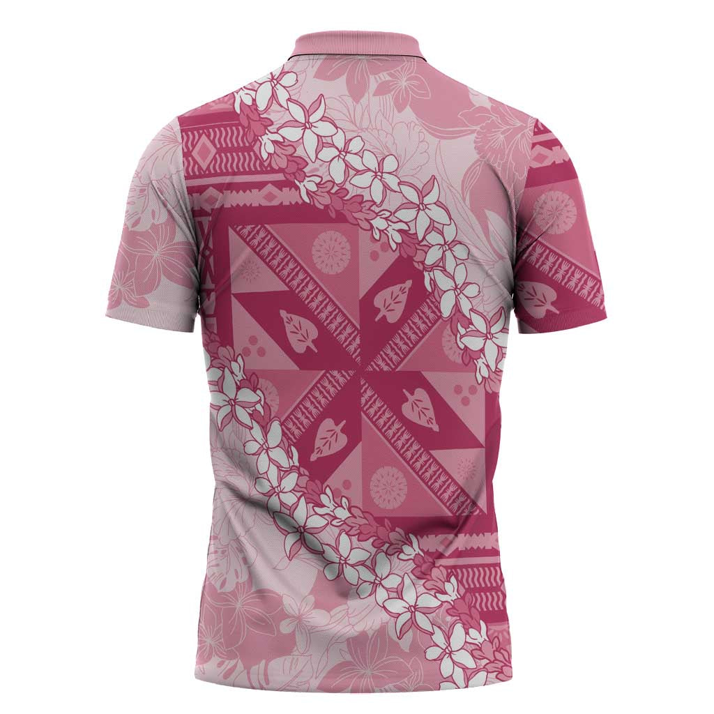 Bula Fiji Plumeria Tagimoucia Salusalu Pink Zipper Polo Shirt Kaiviti Masi - Polynesian Pride
