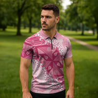 Bula Fiji Plumeria Tagimoucia Salusalu Pink Zipper Polo Shirt Kaiviti Masi - Polynesian Pride